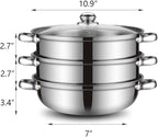 Steamer Pot for Cooking 11 inch Steamer Pot, 3-tier Multipurpose 18/8 Stainless Steel Steam Pot Cookware with Lid for Vegetable, Dumpling, Stock, Sauce, Food