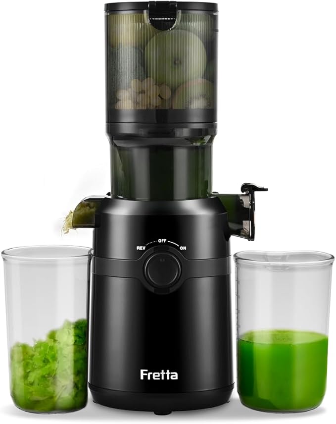 Cold Press Juicer Machines,Fretta Slow Masticating Juicer Machines with 4.25" Large Feed Chute,Fit Whole Fruits & Vegetables Easy Clean Self Feeding,High Juice Yield,Tritan BPA-Free,Onyx Black