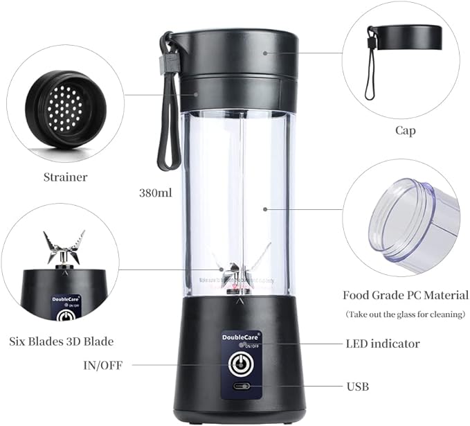 Portable Blender Cup,Electric USB Mini Juicer Blender For Shakes and Smoothies, Juice,380ml, Six Blades Great for Mixing,Black