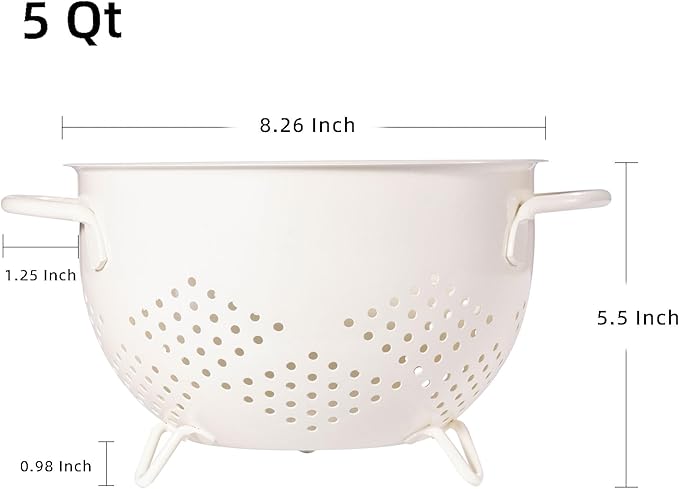 Metal Colander 5 Quart Powder Coated Self-draining Metal Strainer with Base,Kitchen Pasta Fruit Vegetable Basket with Double Handles (Cream)