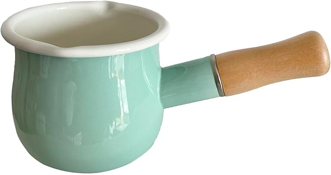 Enamel Milk Pot, Butter Warmer Non-stick Mini Saucepan, 4 Inch 17 Oz Small Cookware with Wooden Handle(Green)