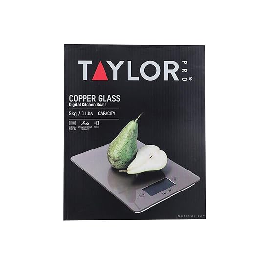 Taylor Pro Digital Kitchen Food Scales with Ultra Thin Design, Compact Professional Standard Tare Feature with Precision Accuracy, Copper Glass, Weighs 5 kg Capacity