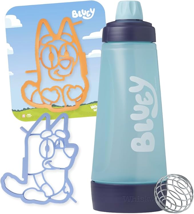 Whiskware Bluey Pancake Art Kit, 1 Batter Bottle, 2 Silicone Bluey and Bingo Pancake Molds, and 1 BlenderBall Wire Whisk, Durable, No-Mess Breakfast, BPA Free, Dishwasher Safe
