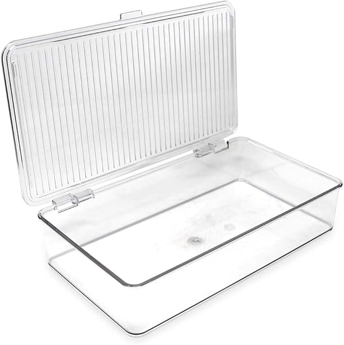 Isaac Jacobs Small Stackable Organizer Bin (10.75” x 6.5” x 2.4”) w Hinged Lid Clear Storage Box Home Office School Fridge Bathroom Kitchen Pantry Container BPAFree Food Safe (Small Clear)