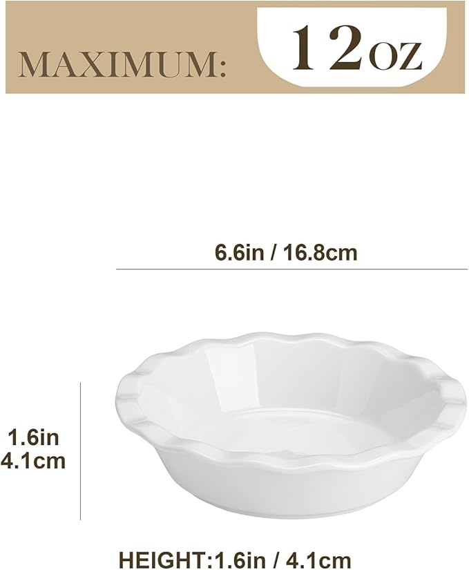 MALACASA Ceramic Mini Pie Pans Set of 6, 6 Inch Pie Plates for Baking with Ruffled Edge, Small Quiche Baking Dish Pans Tart Pans, Individual Pot Pie Plates, Microwave & Oven Safe, White