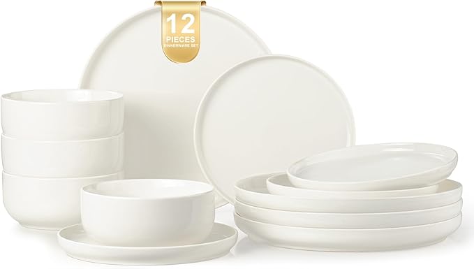 EWFEN Plates and Bowls Sets, 12 Pieces Ceramic Dinnerware Set for 4, Stoneware Dishware Dishes Set, Scratch Resistant Dishes Set, Dishwasher & Microwave Safe, White