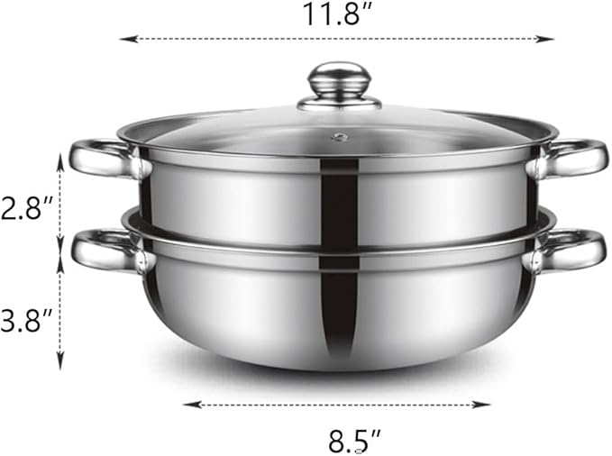 Steamer Pot for Cooking 11.9 inch Steamer Pot Upgrade Capacity, 2-tier Multipurpose 18/8 Stainless Steel Steam Pot Cookware with Lid for Vegetable, Dumpling, Stock, Sauce, Food