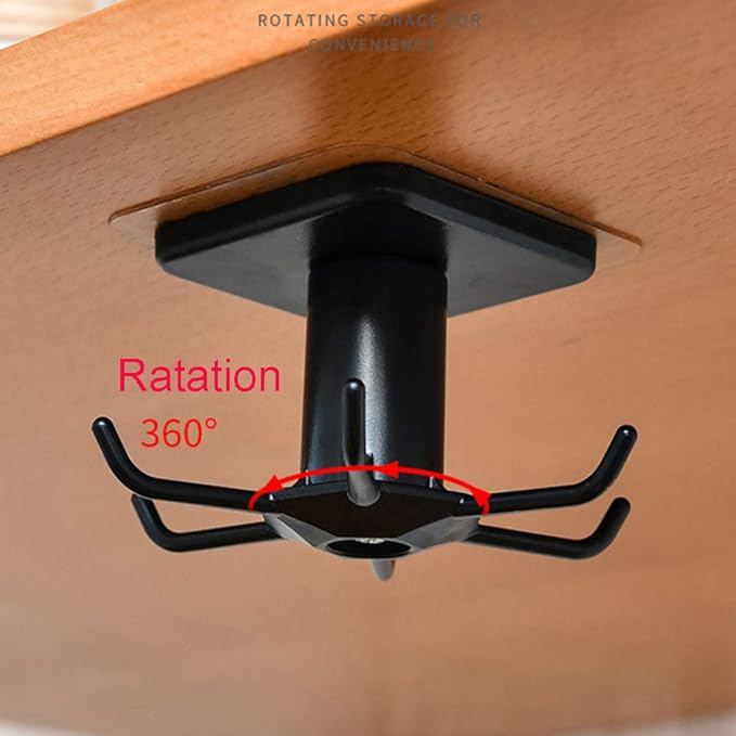 2pcs Under Cabinet Kitchen Utensil Hooks,360° Rotating Drilling Free Adhesive Utensils Hanging Rack for Tools/Towel/Knife (Black)