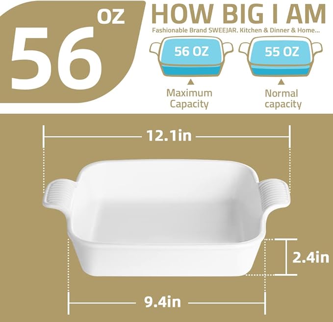 Sweejar Ceramic Baking Dish, 9 x 9 Cake Baking Pan for Brownie, Porcelain Square Bakeware with Double Handle for Casserole, Lasagna, Family Dinner (Light Green)