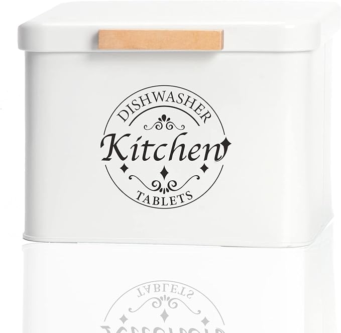 Dishwasher Pod Container with Hinged Lid. Farmhouse Metal Dishwaser Pods Holder for Kitchen Cabinet Organizer. Modern Kitchen Decor and Accessories. Dishwasher Detergent Tablet Storage(Cream)