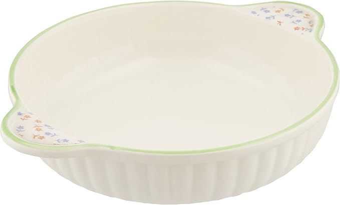 Banko Ware 14085 Oven-safe, Round Au Gratin Dish, Small Flower Green Line, Diameter Approx. 8.1 inches (20.5 cm), Microwave Safe, Made in Japan