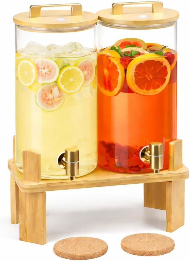 1.5 Gallon 2PCS Glass Drink Dispenser for Parties,Beverage Dispenser with Wooden Stand, Lemonade Dispenser,Juice Containers & Water Pitcher with Lid for Lemonade, Iced Tea and Party Drinks