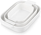 MALACASA Casserole Dishes for Oven, Ceramic Baking Dishes Set of 3, Rectangular Lasagna Pan Deep Baking Pans, Bakeware Sets with Handles Gift Set, White (13.8''/11.7''/9.4''), Series BAKE