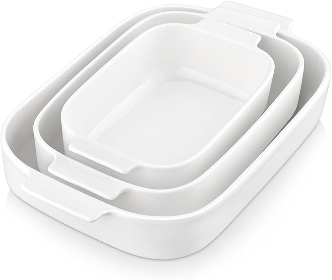 MALACASA Casserole Dishes for Oven, Ceramic Baking Dishes Set of 3, Rectangular Lasagna Pan Deep Baking Pans, Bakeware Sets with Handles Gift Set, White (13.8''/11.7''/9.4''), Series BAKE