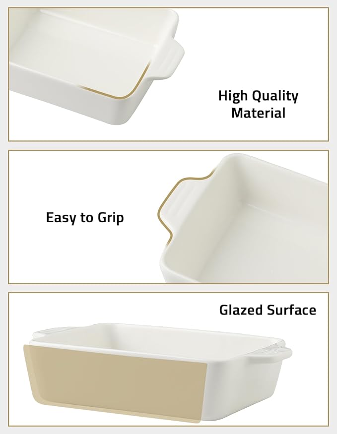 Sweejar Ceramic Bakeware Set, Rectangular Baking Dish for Oven Lasagna Pans for Cooking, Kitchen, Cake Dinner, Banquet and Daily Use, 11.8 x 7.8 x 2.76 Inches of Casserole Dishes (Beige)