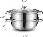 Steamer Pot for Cooking 8.8 inch Steamer Pot 2-tier Multipurpose 18/8 Stainless Steel Steam Pot Cookware with Lid for Vegetable, Dumpling, Stock, Sauce, Food