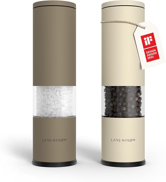 LARS NYSØM Salt and Pepper Grinder Set Manual, Stainless Steel Salt and Pepper Mills with Adjustable Ceramic Grinder I Design Spice Shakers (Brown/Beige)