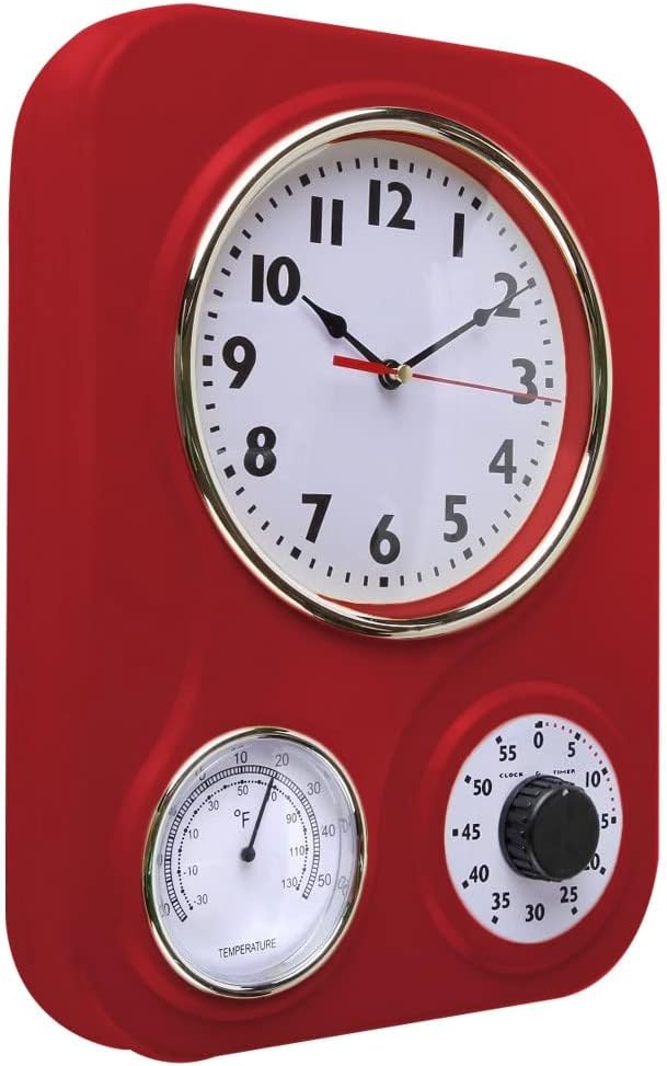 Lily's Home -9.5 Inch x 12.5 Inch -Retro Kitchen Wall Clock, Vintage Wall Clock with a Thermometer and 60-Minute Timer, Ideal for Any Kitchen, Office, or Diner (Retro Red)