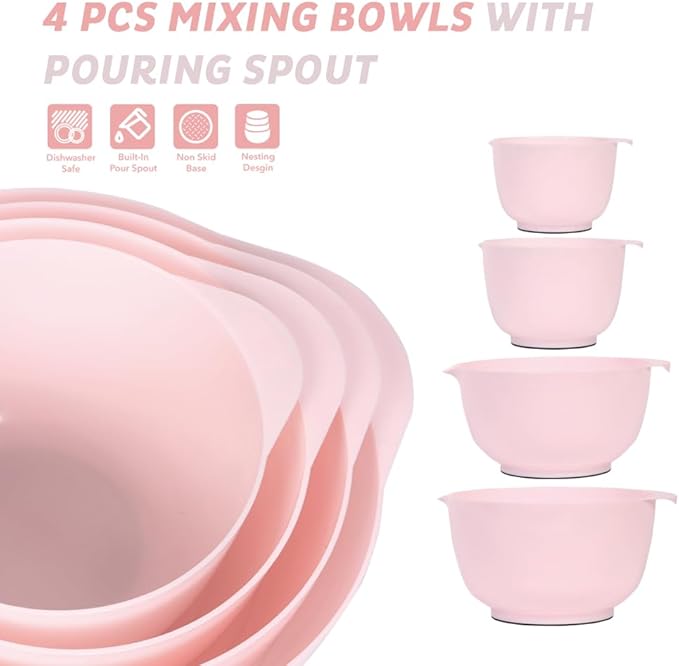 BoxedHome Nesting Plastic Mixing Bowl Set, 4 Piece Mixing Bowl Set with Pour Spouts, Size 1.7, 2.5, 3.5 and 4.5qt, for Prepping, Mixing, Baking, Cooking(2023 New Version, Pink)
