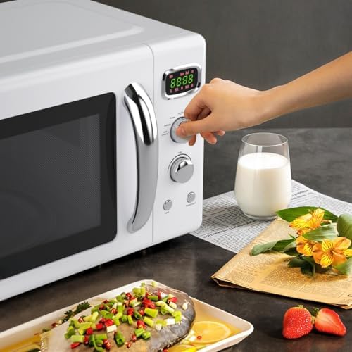 Retro Microwave Oven 0.9Cu.ft，900W Compact Countertop Microwave w/5 Micro Power & 8 Auto Cooking, Child Lock, Timer Setting & Glass Turntable, LED Display, Mint Green