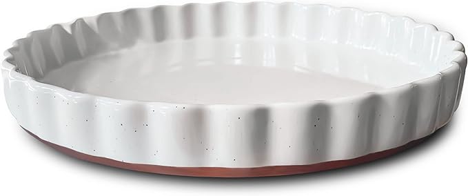 Mora Ceramic Tart Pan, 9.5 Inch Large Porcelain Baking Dish for Tarts, Quiche, Pie, Flan etc. Fluted Ruffled Edge, Oven, Microwave, Freezer, and Dishwasher safe - Great Gift For Bakers - Vanilla White