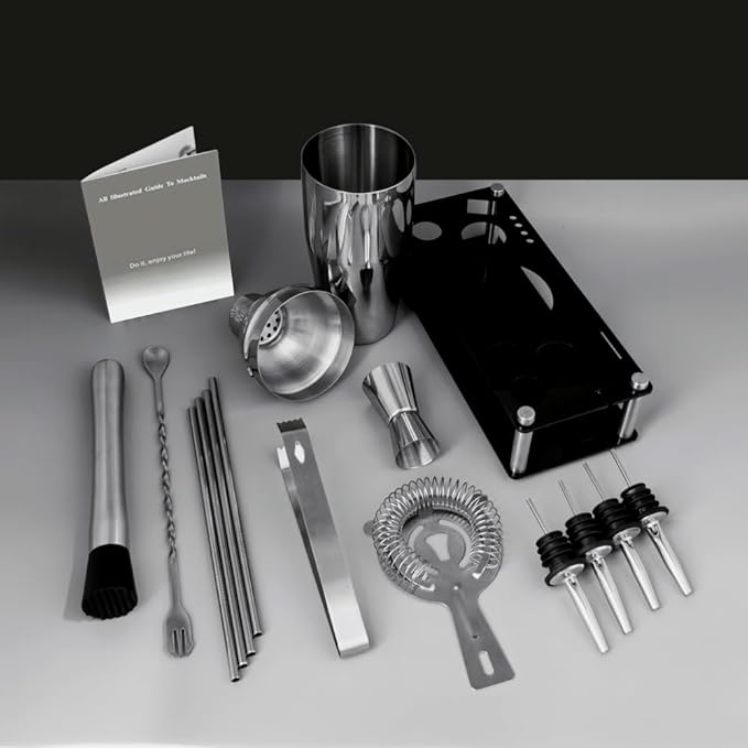 14-Piece Cocktail Shaker Set Bartender Kit with Black Stand, Bar Tool Set for Drink Mixing Bartending Kit Bar Sets Accessories: 750ml(25oz) Shaker, Jigger, Muddler, Cocktail Recipes (Silver)