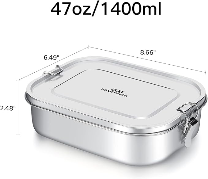 G.a HOMEFAVOR Stainless Steel Bento Lunch Box - Leak-Proof Metal Bento Box, Large Food Container with Lock Clips, Snack Container, Dishwasher Safe, 1400 ml/47 oz