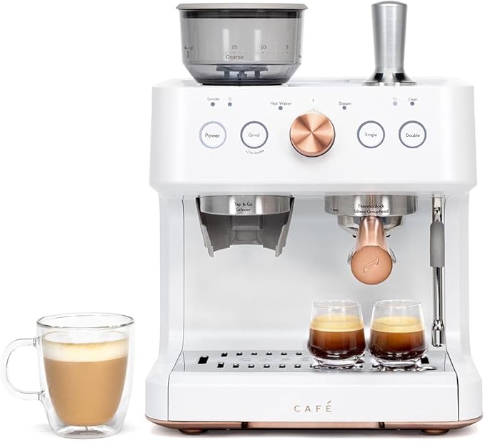 Café Bellissimo Semi Automatic Espresso Machine + Milk Frother | WiFi Connected, Smart Home Kitchen Essentials | Built-In Bean Grinder, 15-Bar Pump & 95-Ounce Water Reservoir | Matte White