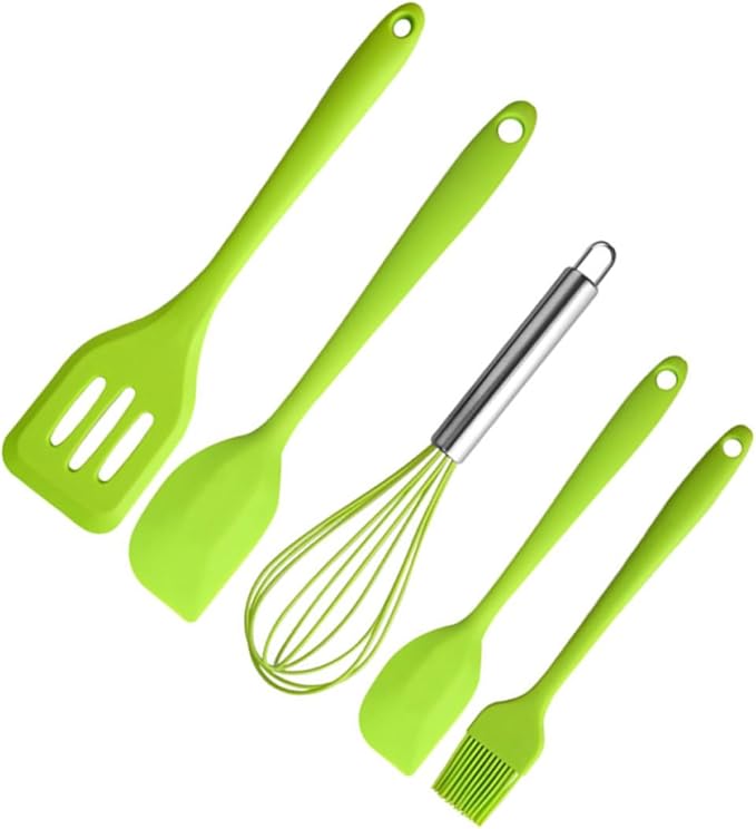 OSALADI 5pcs Silicone Kitchen Utensil Set with Egg Whisk, Nonstick Baking Tools in Green, Heat Resistant Cooking Gadgets for Home Kitchen Use