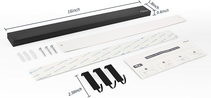 Dmore magnetic knife holder for wall—with 3 hooks, No Drilling 16 Inch black knife magnetic strip, Powerful knife magnet rack, include Adhesive Tape and screws for Knives, Utensils, and Tools
