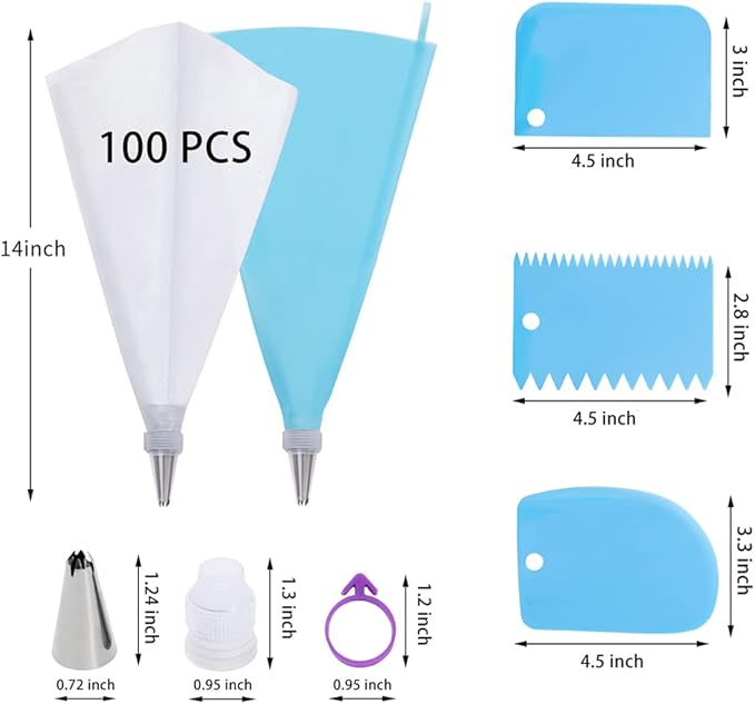 Piping Bags and Tips Set, 100Pcs 12 Inch Pastry Bags, Icing Bags Disposable for Cakes Decorating Kit Supplies with 1 Reusable Piping Bags, 1 Couplers, 12 Frosting Tips, 2 Bag Ties, 3 Cake Scraper