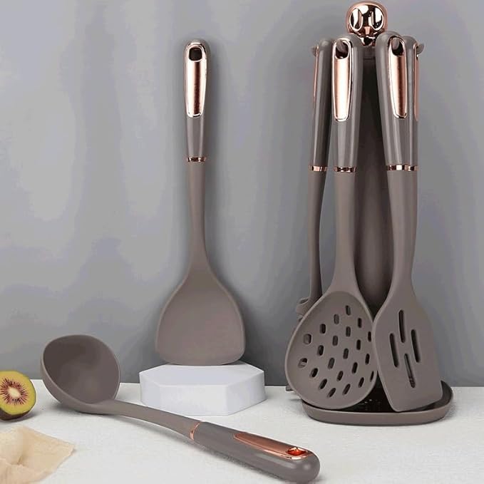 Kitchen Cookware Silicone Non-stick Cooking Tool Spatula Ladle Shovel Soup Utensils Set(Black)