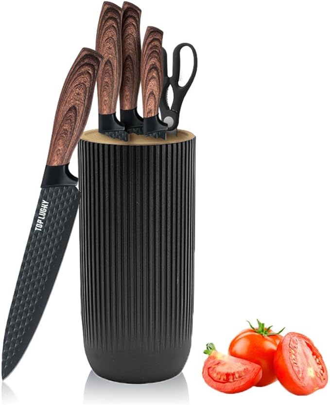 Knife Set, Wiztoynia 6-Piece Black Kitchen Knife Set for Home, Anti-Rust Non-stick Stainless Steel Sharp Chef Knife Set with Universal Knife Block for Kitchen, Ergonomical Design (Black)