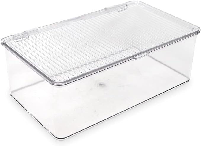 Isaac Jacobs Medium Stackable Organizer Bin (10.75”x6.5”x3.7”) w/ Hinged Lid, Clear Storage Box, Home, Office, School, Fridge, Bathroom, Kitchen, Pantry Container, BPA-Free, Food Safe (Medium, Clear)