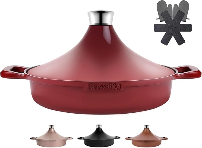 Non-Stick Frying Pan/Skillet 11", 3QT Tagine Pan,Cast Aluminum Pans with Lid, Stove/Oven-to-Table Cookware, Dishwasher Safe& Compatible with All Stovetops（Red）