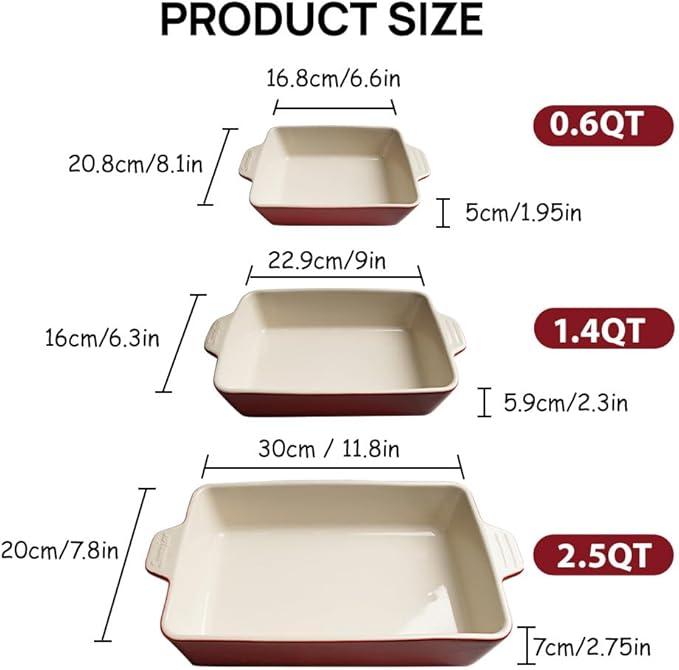 Sweejar Ceramic Bakeware Set, Rectangular Baking Dish for Oven Lasagna Pans for Cooking, Kitchen, Cake Dinner, Banquet and Daily Use, 11.8 x 7.8 x 2.75 Inches of Baking Pans (Red)