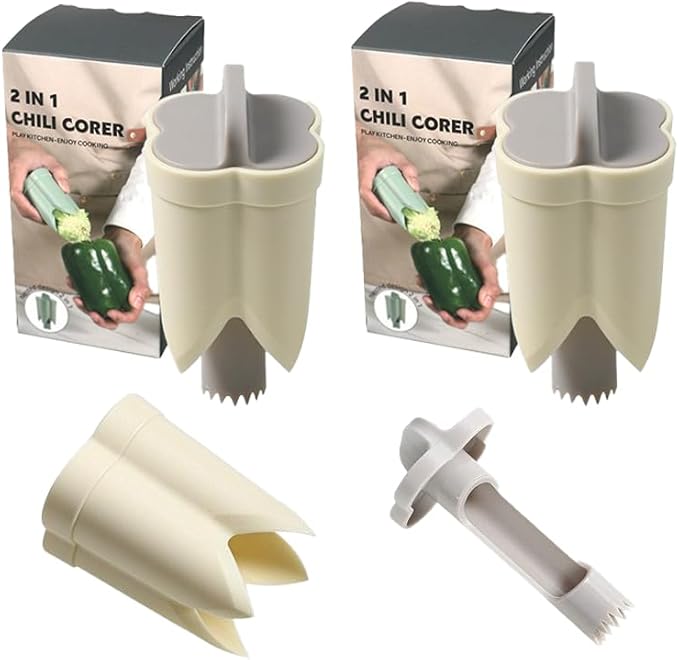 Pepper Corer, 2 in 1 Red Bell Pepper Seed Corer Remover Tool, Fruit & Vegetable Corers Quick Cave Tools for Jalapeno Cutter Deseeder, Off White, 2 P