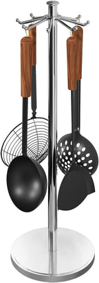Kitchen Countertop Utensil Holder, Stainless Steel Rotatable Cooking Utensils Holder with 8 Rotating Hooks, Hanging Organizer for Spoon, Spatula, Soup Ladle, Spaghetti Server, Skimmer, Chrome
