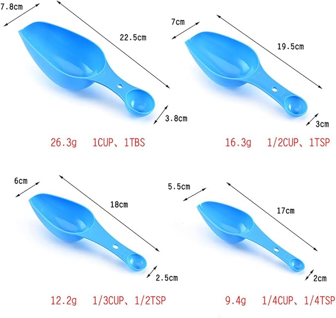 Double Ended Plastic Measuring Scoops & Spoons Set of 4 - Kitchen Scoops for Ice Flour Powder Spice Pet Food - Measuring Tools Great for Dry and Liquid Ingredients (Purple)