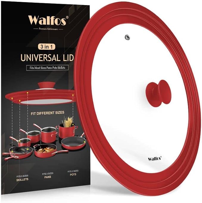 Universal Lid for Pots, Pans and Skillets - Walfos Tempered Glass Pan Lid with Heat Resistant Silicone Rim, BPA Free Large Pot Lids Fits 10", 11" and 12" Diameter Cookware, Dishwasher-Safe, Red