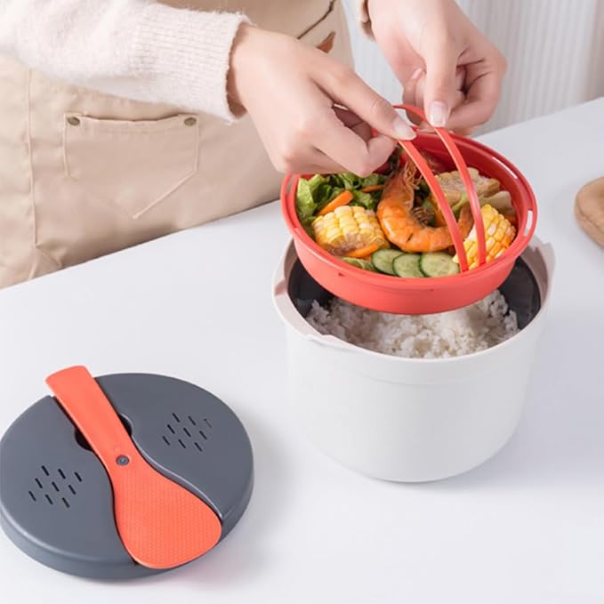 Microwave Rice Cooker Steamer, Microwave Pasta Cooker with Strainer, 2 L Microwave Cookware Set for Rice, Pasta, Vegetables, Quinoa, Oatmeal, Ramen Non stick (orange+Steamed vegetable plate)