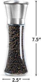 Salt and Pepper Grinder Tall Size - Black Pepper,Herb Shakers Mill Refillable Manual - Stainless Steel Lid - Adjustable Coarseness - Glass Material- Fits in Home,Kitchen,Barbecue