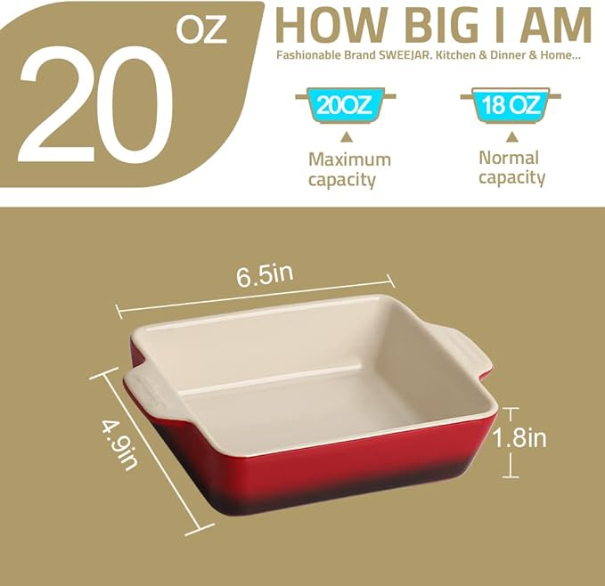 Sweejar Ceramic Baking Dish, Rectangular Small Baking Pan with Double Handles, 20 Oz for Cooking, Brownie, Kitchen, 6.5 x 4.9 x 1.8 Inches(White)