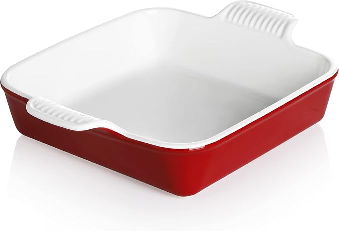 Sweejar Ceramic Baking Dish, 9 x 9 Cake Baking Pan for Brownie, Porcelain Square Bakeware with Double Handle for Casserole, Lasagna, Family Dinner (Red)