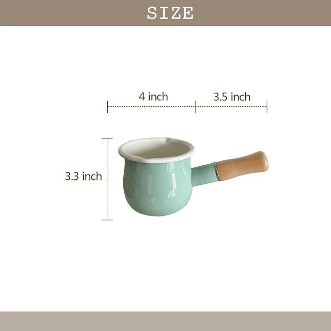 Enamel Milk Pot, Butter Warmer Non-stick Mini Saucepan, 4 Inch 17 Oz Small Cookware with Wooden Handle(Green)