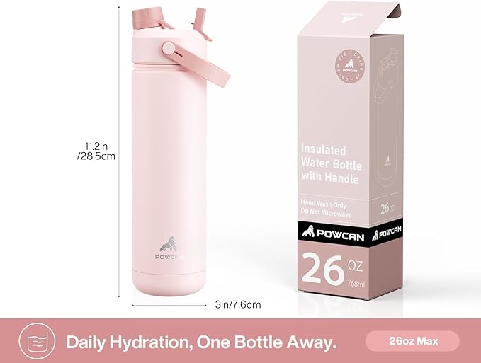 POWCAN 26 oz Insulated Water Bottle with 2-in-1 Straw and Spout Lid, Keep Cold 24H, Leak-Proof, Fits in Car Cup Holder, Stainless Steel Water Bottle for Sports, Travel, and School (Cotton Candy)