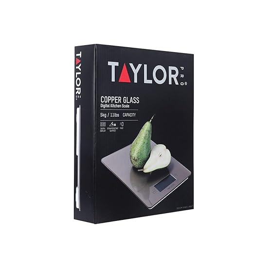 Taylor Pro Digital Kitchen Food Scales with Ultra Thin Design, Compact Professional Standard Tare Feature with Precision Accuracy, Copper Glass, Weighs 5 kg Capacity