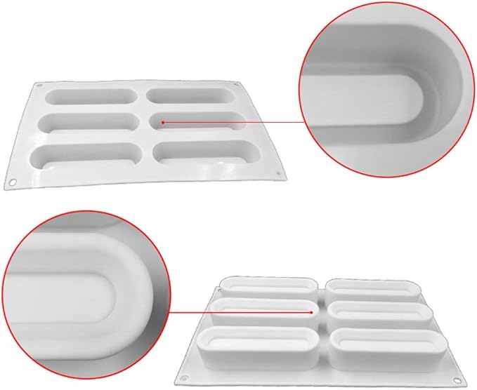 OCPO KITCHEN Eclair Silicone Mold for Baking Mousse Cake, French Dessert, Pastry, Chocolate, Ice Cream, Cake Decoration Mold, 3D Concave Eclair Shape (6-Cavity)