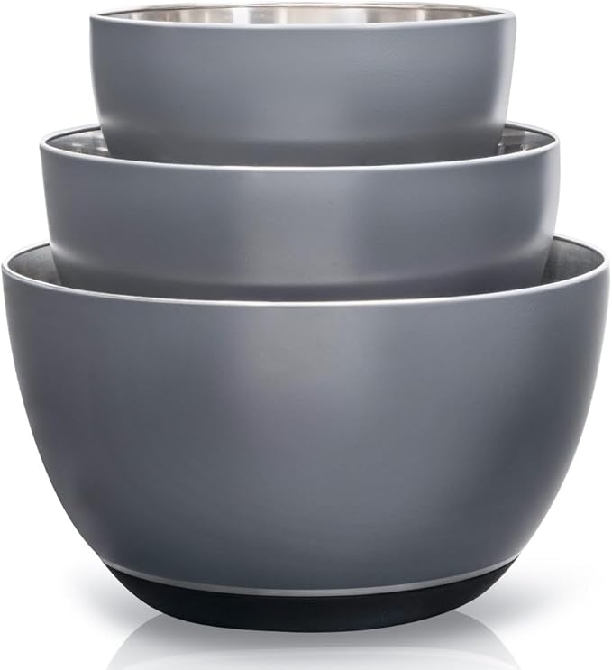 WHYSKO® Stainless Steel Mixing Bowls (Set of 3) with Non-Slip Silicone Base for Kitchen, Dishwasher Safe Bowls for Meal Prep, Cooking, Baking, Serving, Food Storage (Grey)