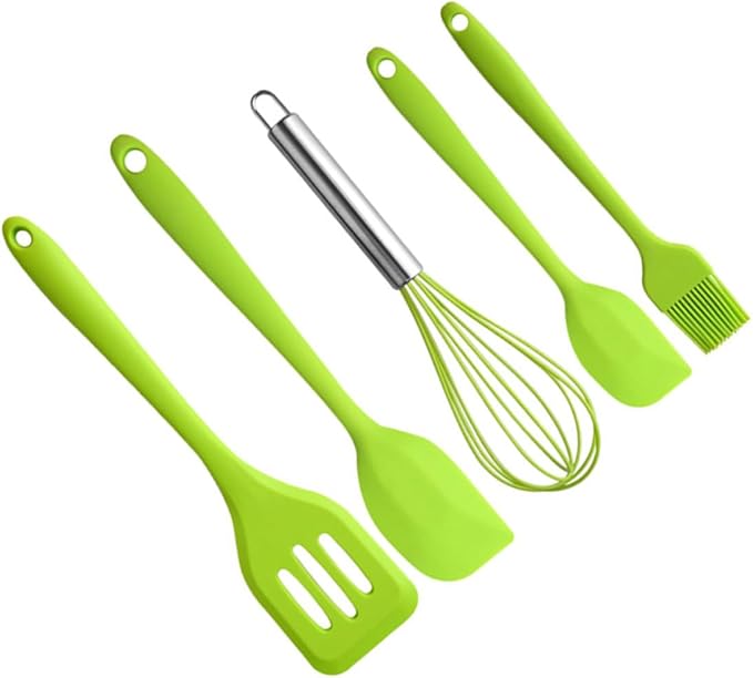 Yardwe 5pcs Silicone Kitchen Utensil Set with Egg Whisk, Scraper, Shovel, and Brush, Heat Resistant Green Baking Cooking Tools for Home and Professional Use